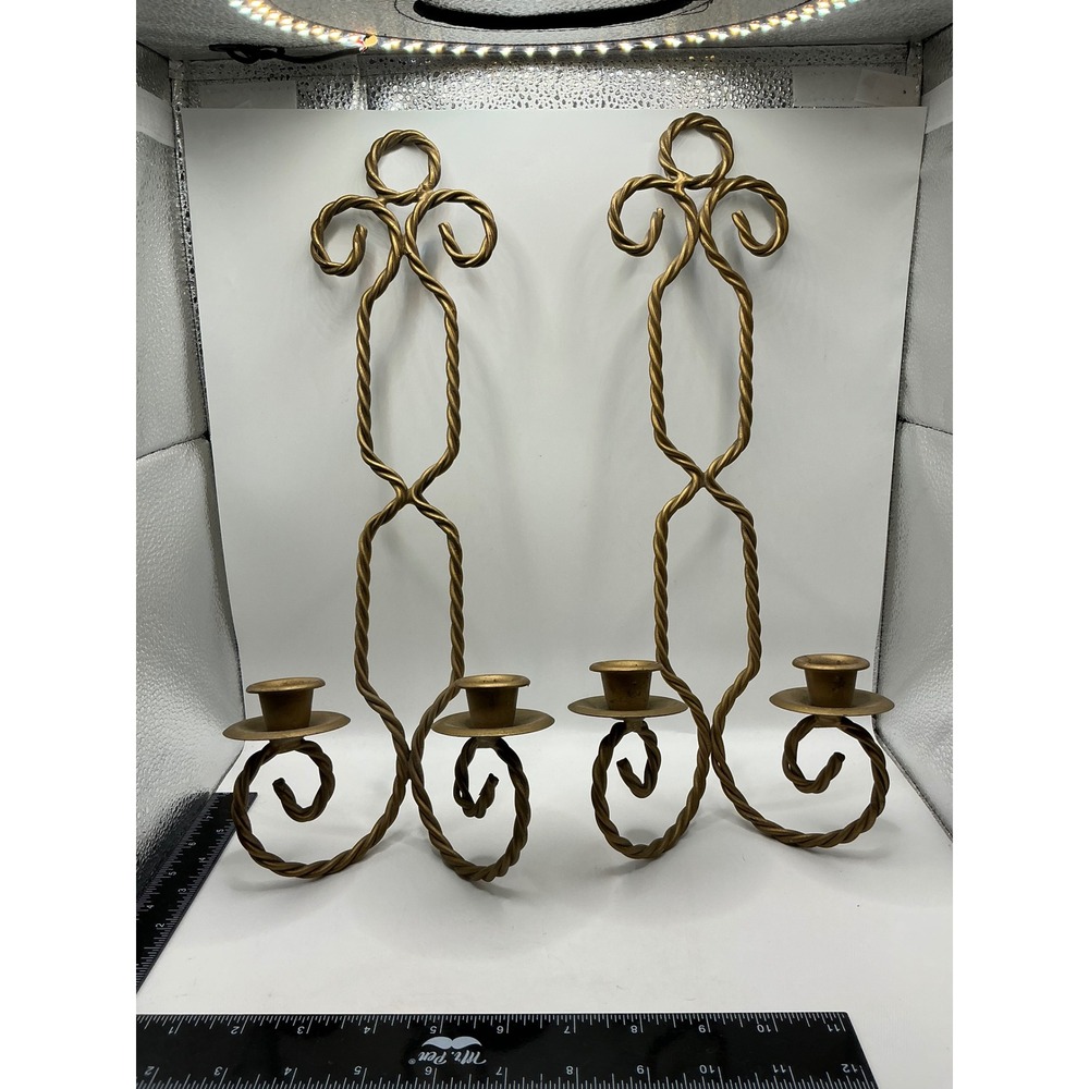Vintage Gold Twisted Wrought Iron Wall Sconce Candle Holders Pair Scroll Design